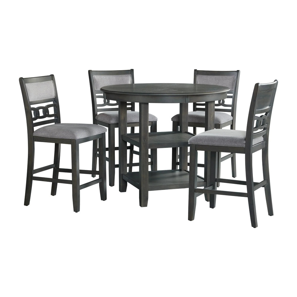 Grey counter height dining table with four matching chairs