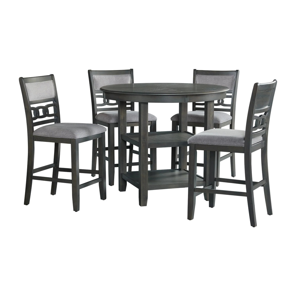 Grey counter height dining table with four matching chairs