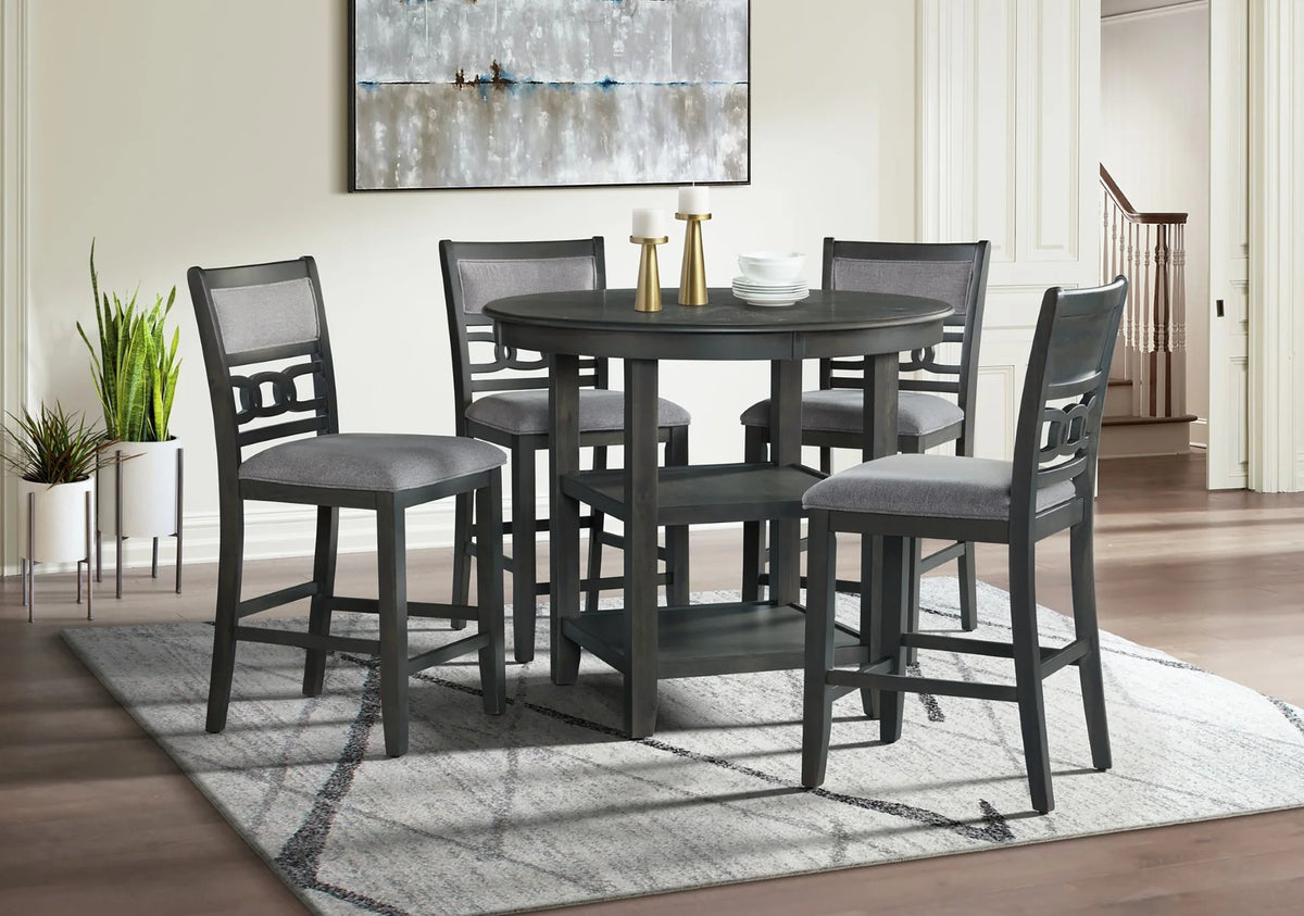 Grey counter height dining chairs close-up view