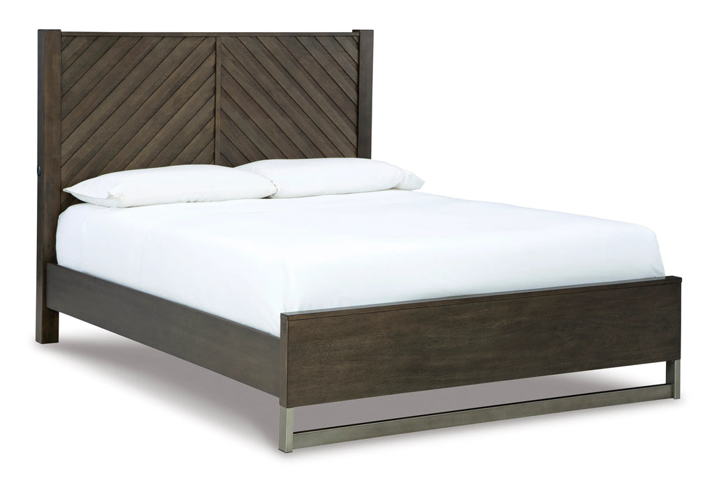 Grayish brown queen panel bed with USB charging headboard