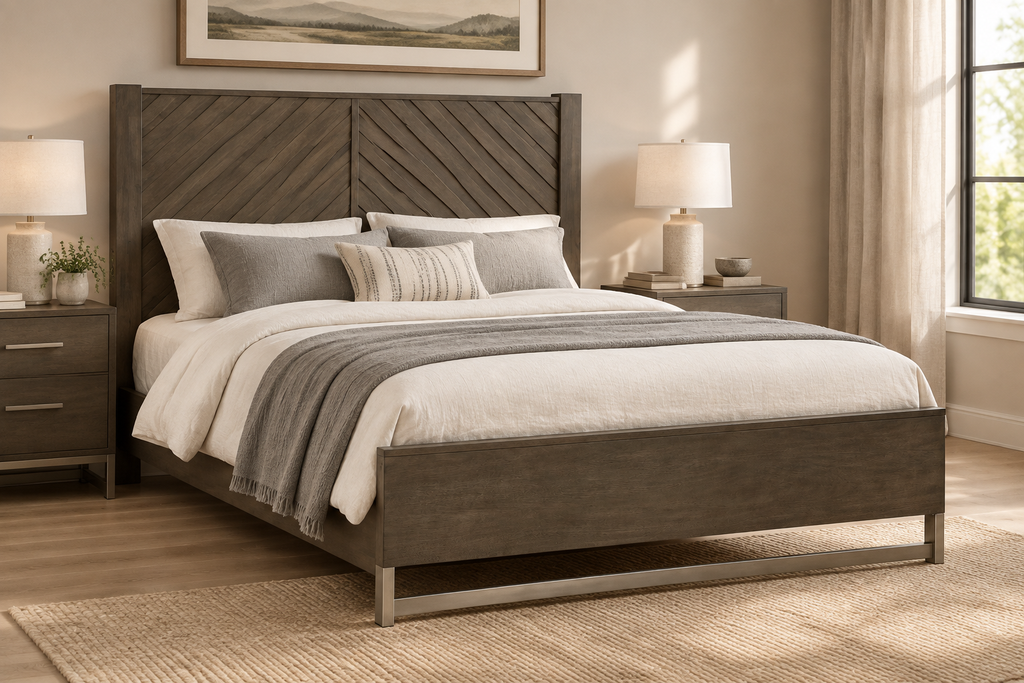 Grayish brown queen panel bed with USB charging headboard - lifestyle view