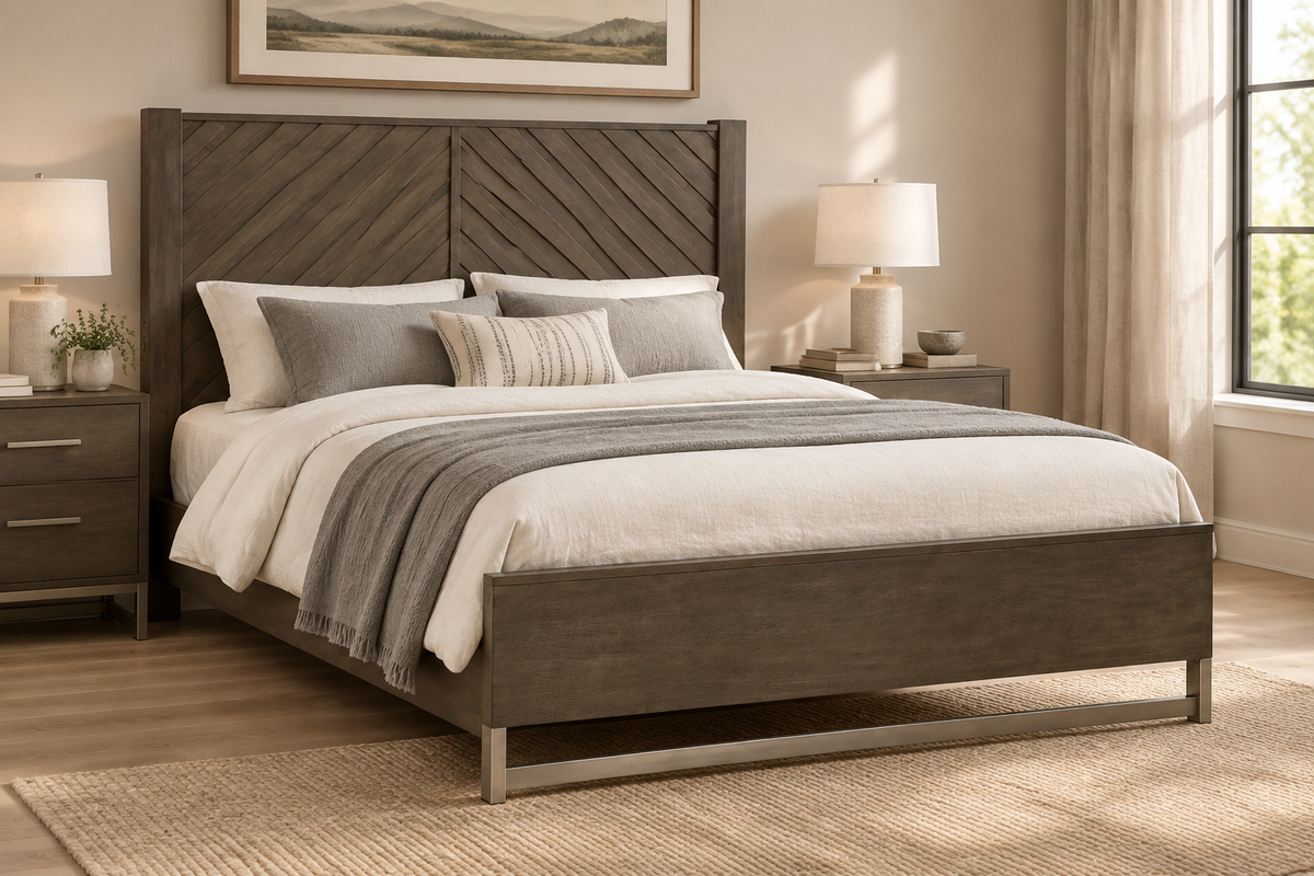 Grayish brown queen panel bed with USB charging headboard - lifestyle view