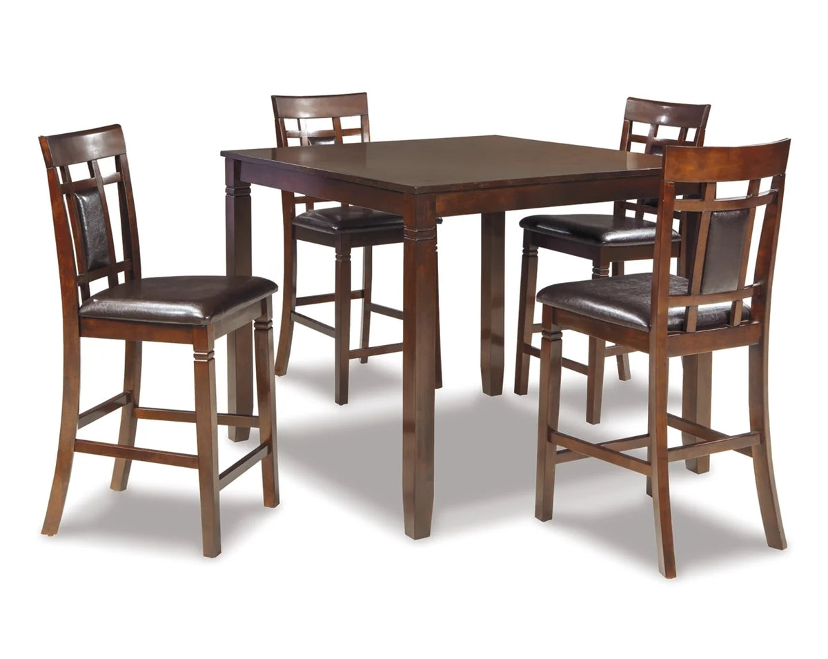Dark brown counter height table with 4 faux leather bar stools