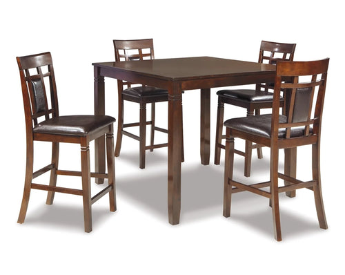 Dark brown counter height table with 4 faux leather bar stools