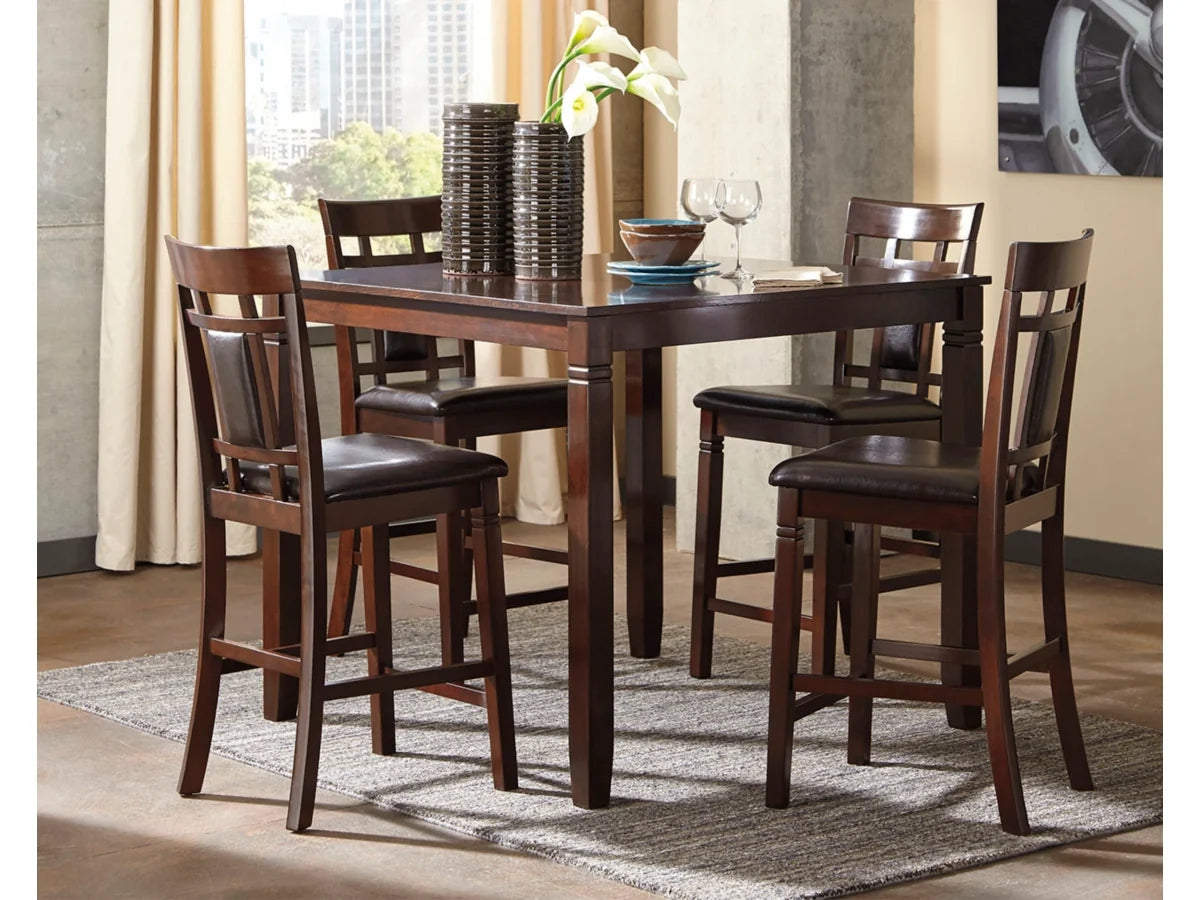 Dark brown counter height table with faux leather bar stools detail view