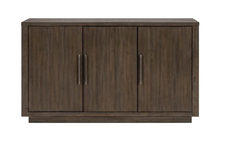 Traditional dining server with three-door storage and open shelves