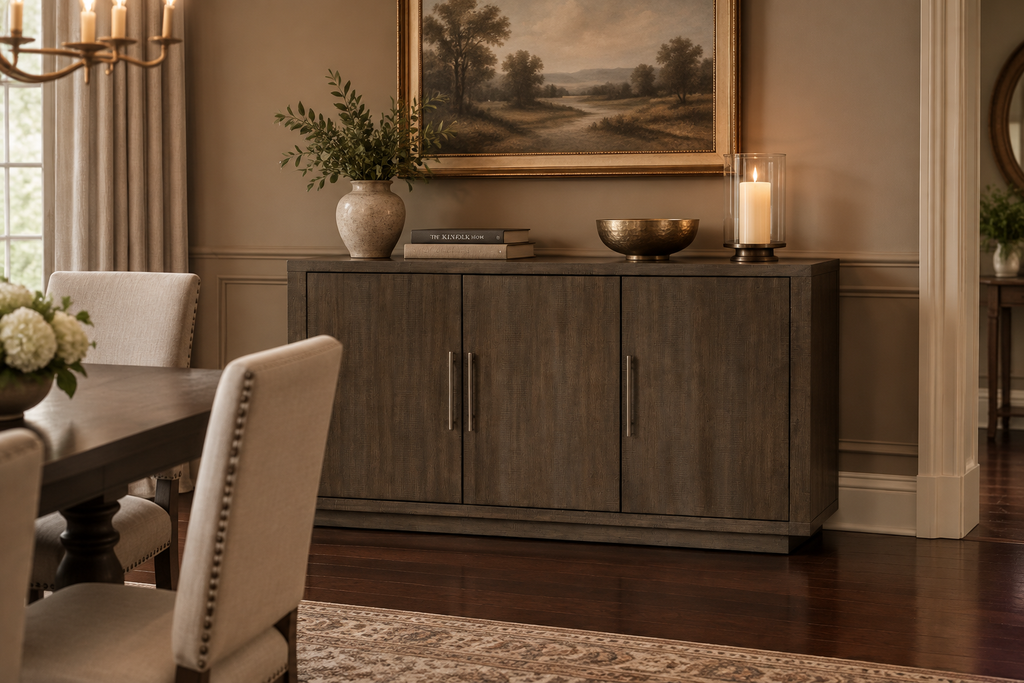 Traditional dining server with three-door storage and shelves - lifestyle view