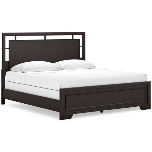 Dark brown king panel bed with traditional frame front view