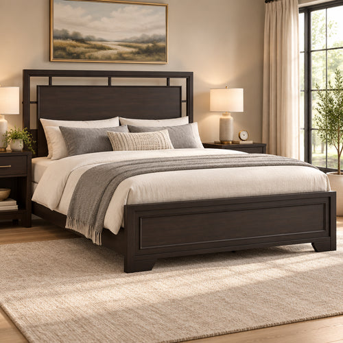 Dark brown king panel bed with traditional frame - side view