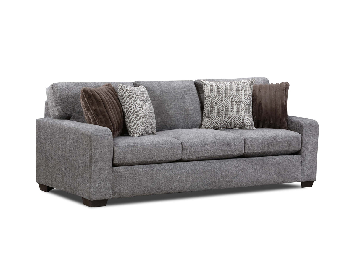 Taupe polyester sofa with reversible cushions and coordinating pillows