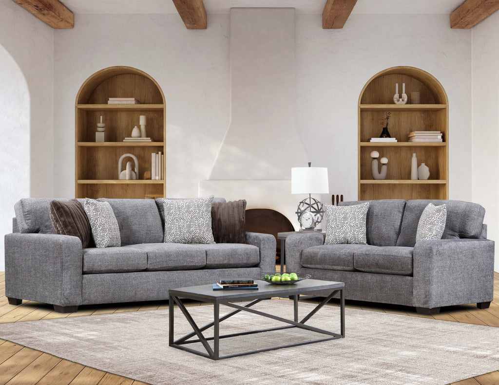 Taupe polyester sofa with reversible cushions angle view
