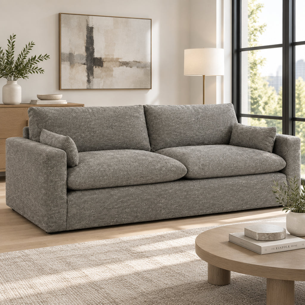 Granite plush sofa with feather-fiber cushions side view