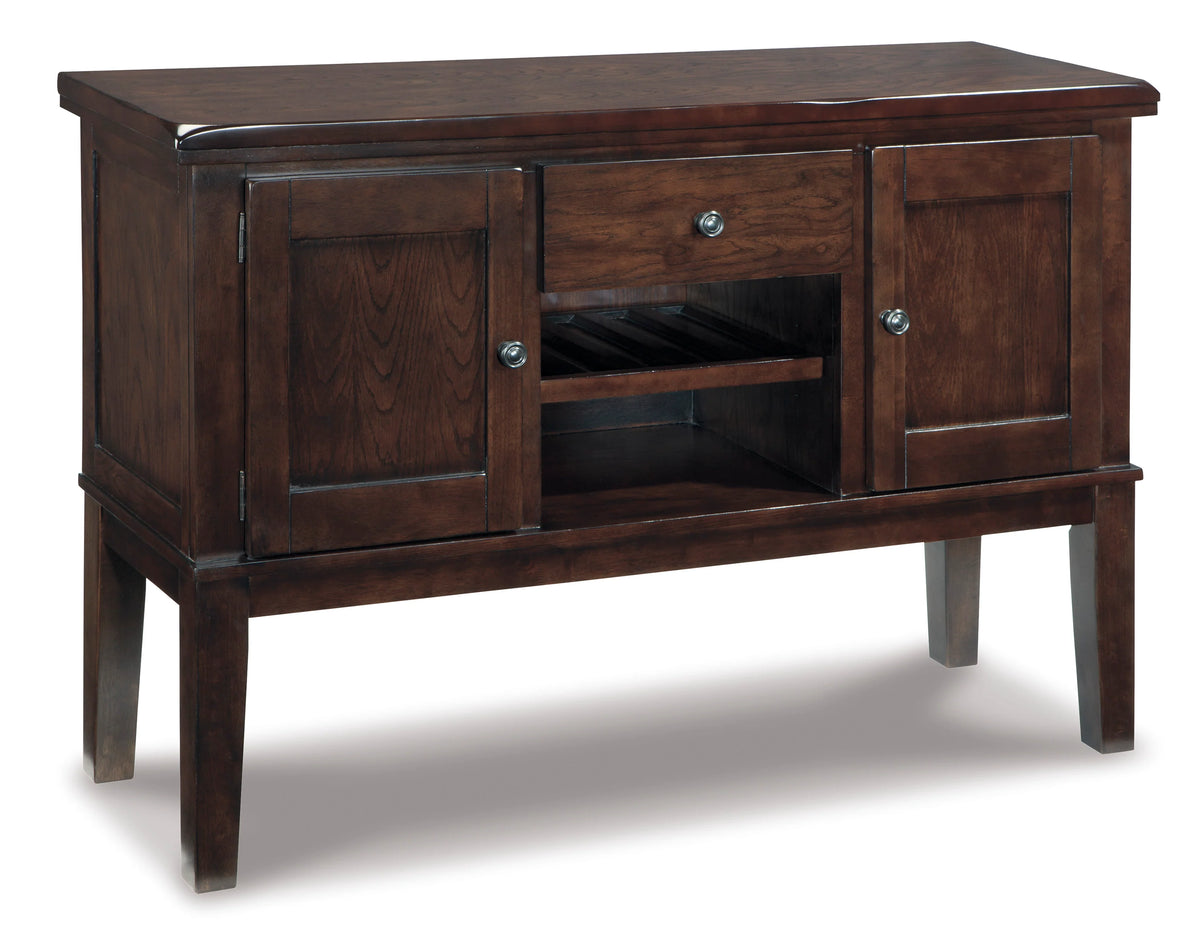 Dark brown farmhouse shaker-style dining server with cabinet doors