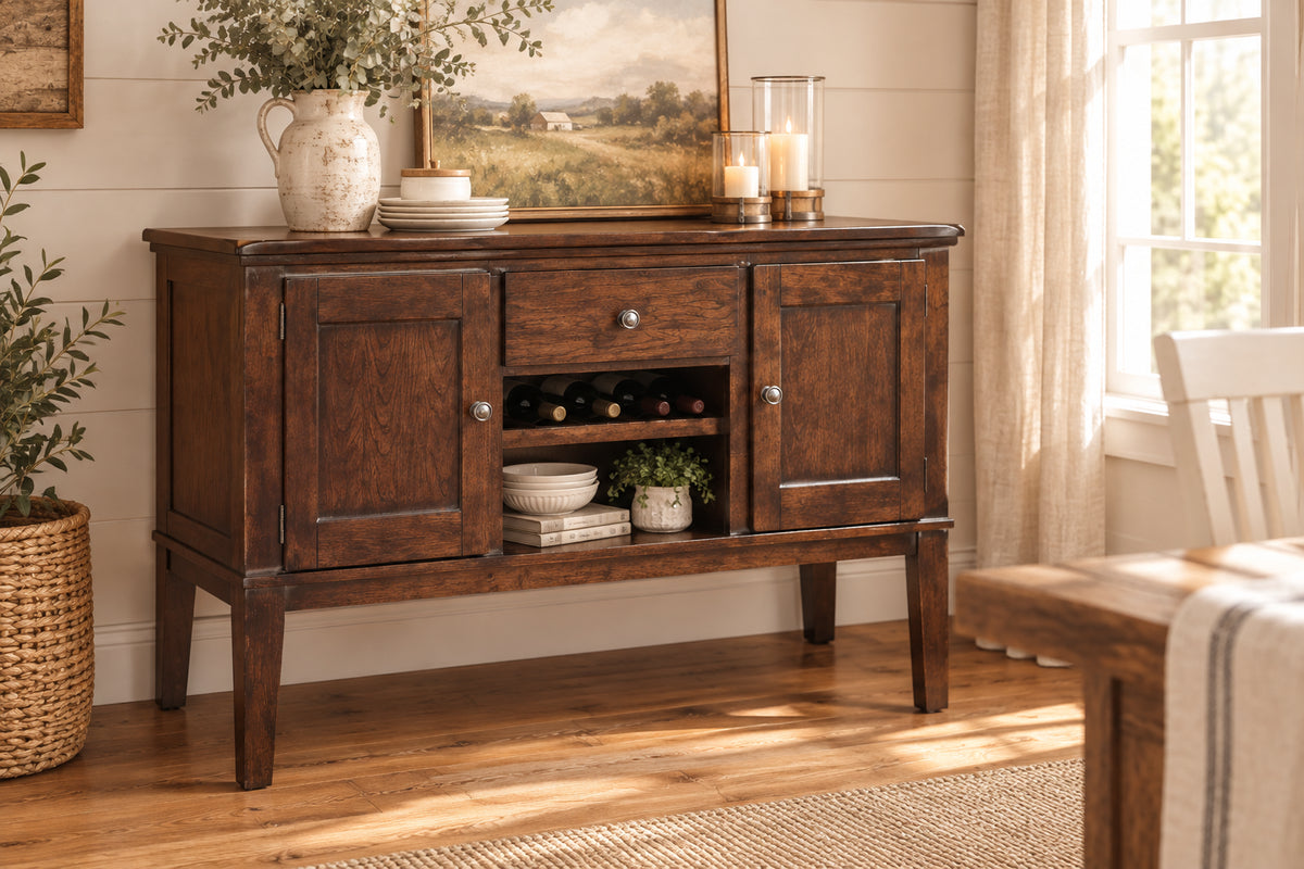 Dark brown farmhouse shaker-style dining server - lifestyle view