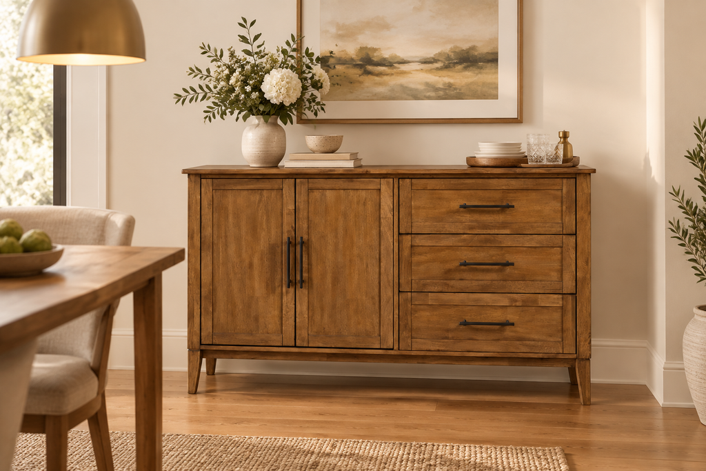 Honey finish 60 inch solid mango wood dining server - lifestyle view