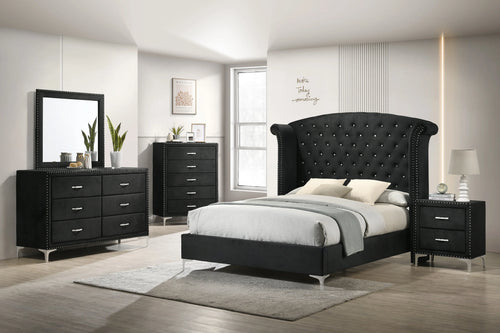 Lucinda black king bed with tufted headboard angle view