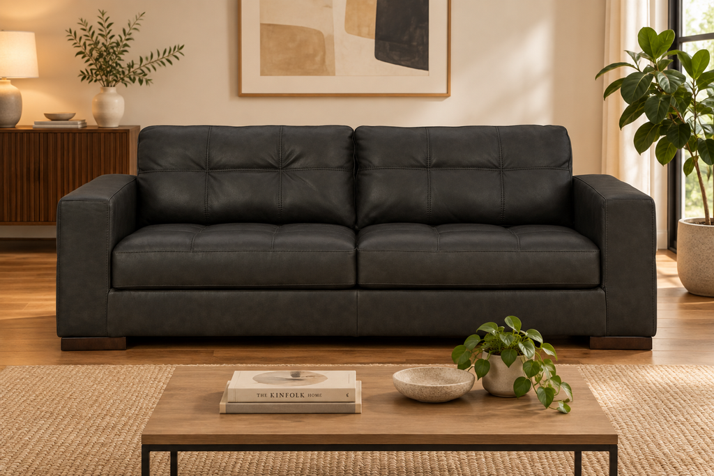Tufted leather and faux leather contemporary sofa - lifestyle view