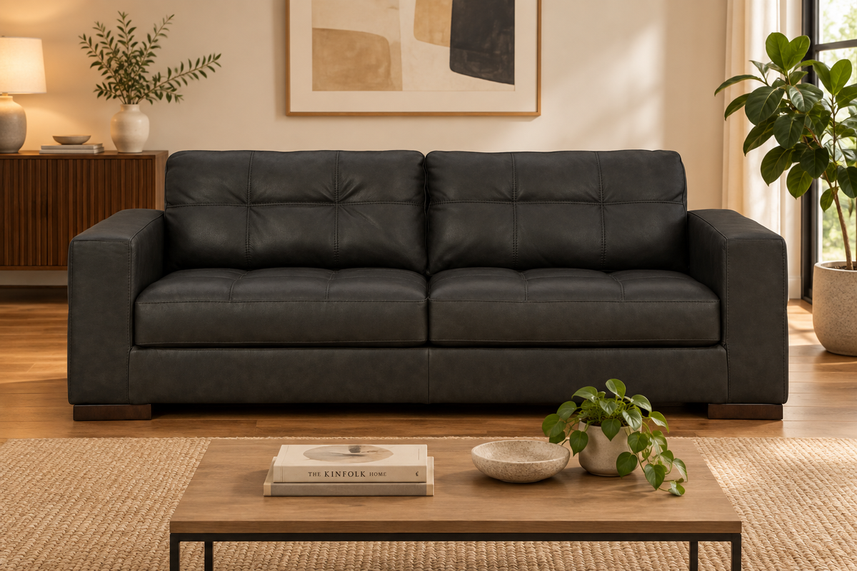 Tufted leather and faux leather contemporary sofa - lifestyle view