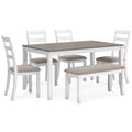 Stonehollow two-tone dining set with ladderback chairs and bench